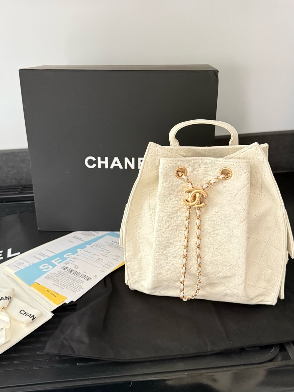 Genuine Leather Quilted Drawstring Backpack – Cream – Brand New